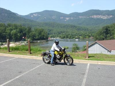 me on my Guzzi overlooking the beach at lake lure