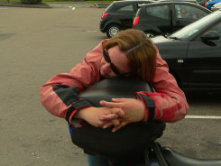 I'm taking a brief nap on my motorcycle helmet bag