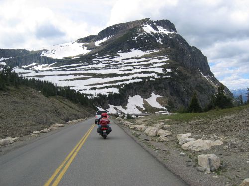 Me on my BMW R 1100S, riding toward a snowy mountain somewhere in Northern Idaho