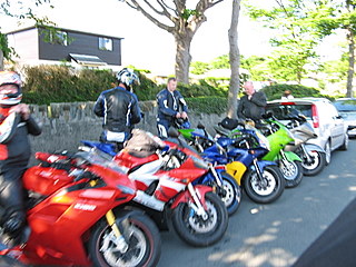 Many many parked motorcycles at a rally