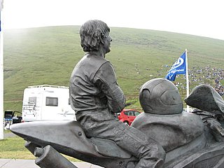 Joey Dunlop memorial at the top of the mountain course in Snaefell