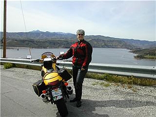 Regina with her new touring Moto Guzzi